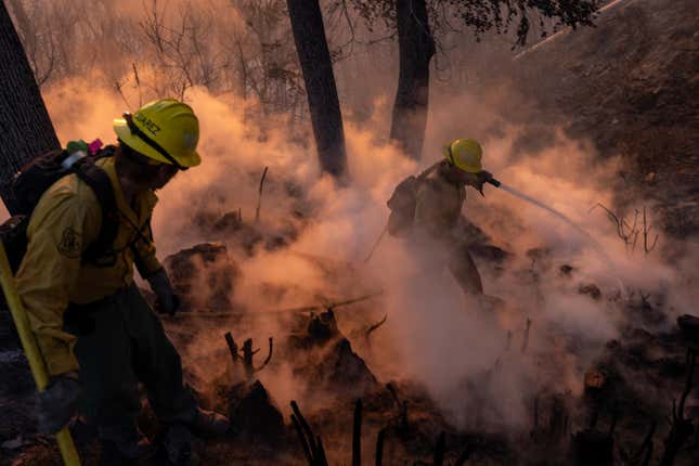 Firefighters mop up hot spots near the major communications towers on Mount Wilson January 9, 2025 near Altadena, California.