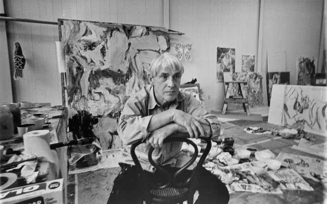 The painter Willem de Kooning (1904 - 1997) in his studio, surrounded by his abstract paintings, Long Island, New York, 1967. “Interchange” is not pictured.