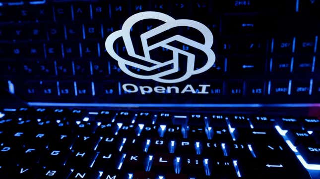 A keyboard is placed in front of a displayed OpenAI logo in this illustration taken February 21, 2023.