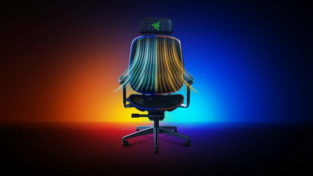 an image of the gaming chair with illustrated red and blue flows of air, the chair is in a dark space with a yellow glow on one side of the wall and blue light on the other side