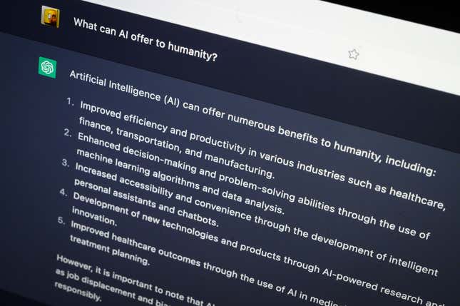 laptop screen showing ChatGPT response to the question: "What can AI offer to humanity?"