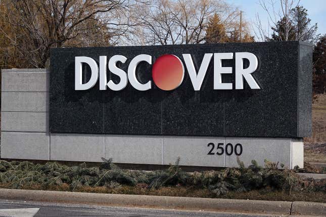 A sign at the entrance of the Discover Financial Services corporate headquarters