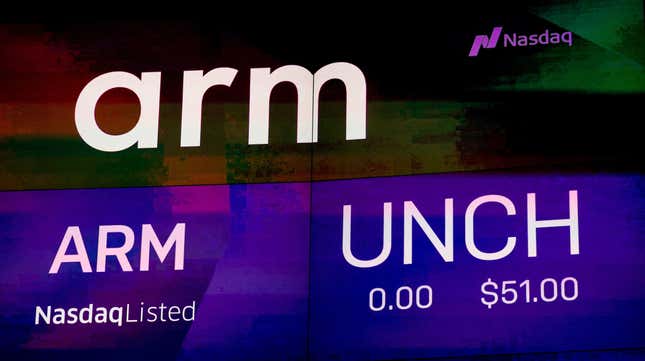 A screen displays the logo of Softbank's Arm, chip design firm, during the company’s initial public offering (IPO) at Nasdaq Market site in New York, U.S., September 14, 2023.